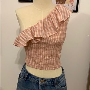 Checkered ruffle one shoulder pink top
